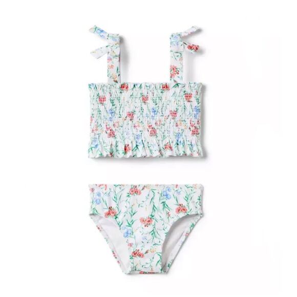 Janie & Jack Recycled Floral Smocked 2-Piece Swimsuit White Floral Size 6 Girls